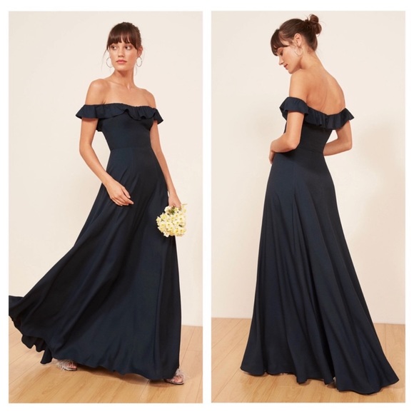 Reformation Dresses & Skirts - Reformation Verbena Off The Shoulder Ruffle Maxi Gown in Navy Blue